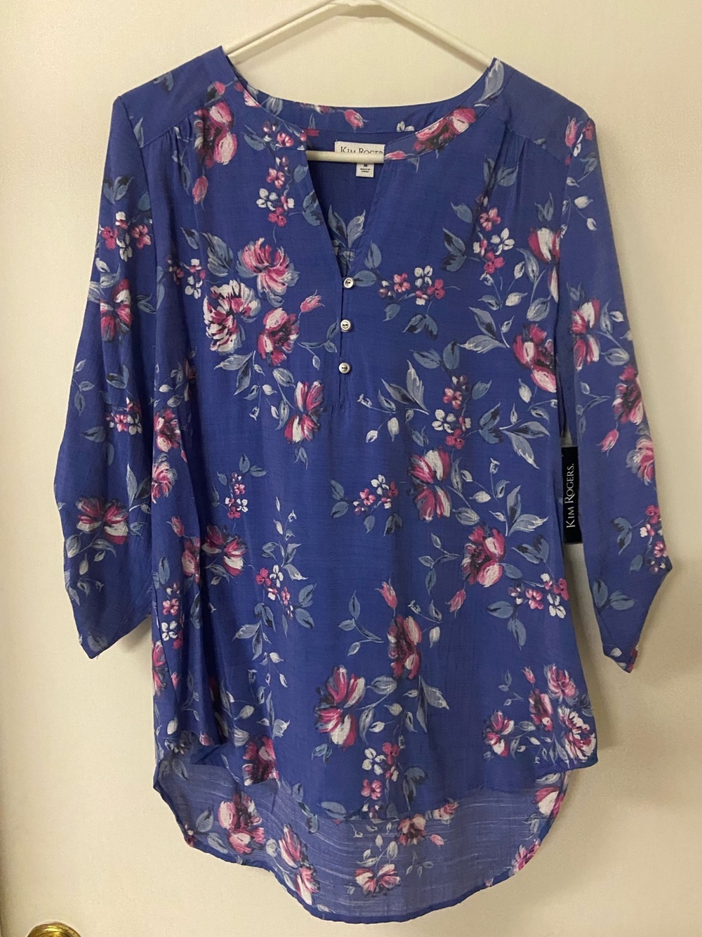 NWT Kim Rogers floral tunic top 3/4 sleeve popover blouse blue spring summer M